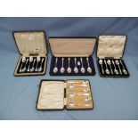 Three boxed sets of hallmarked silver coffee spoons and a boxed silver plated set of tea spoons