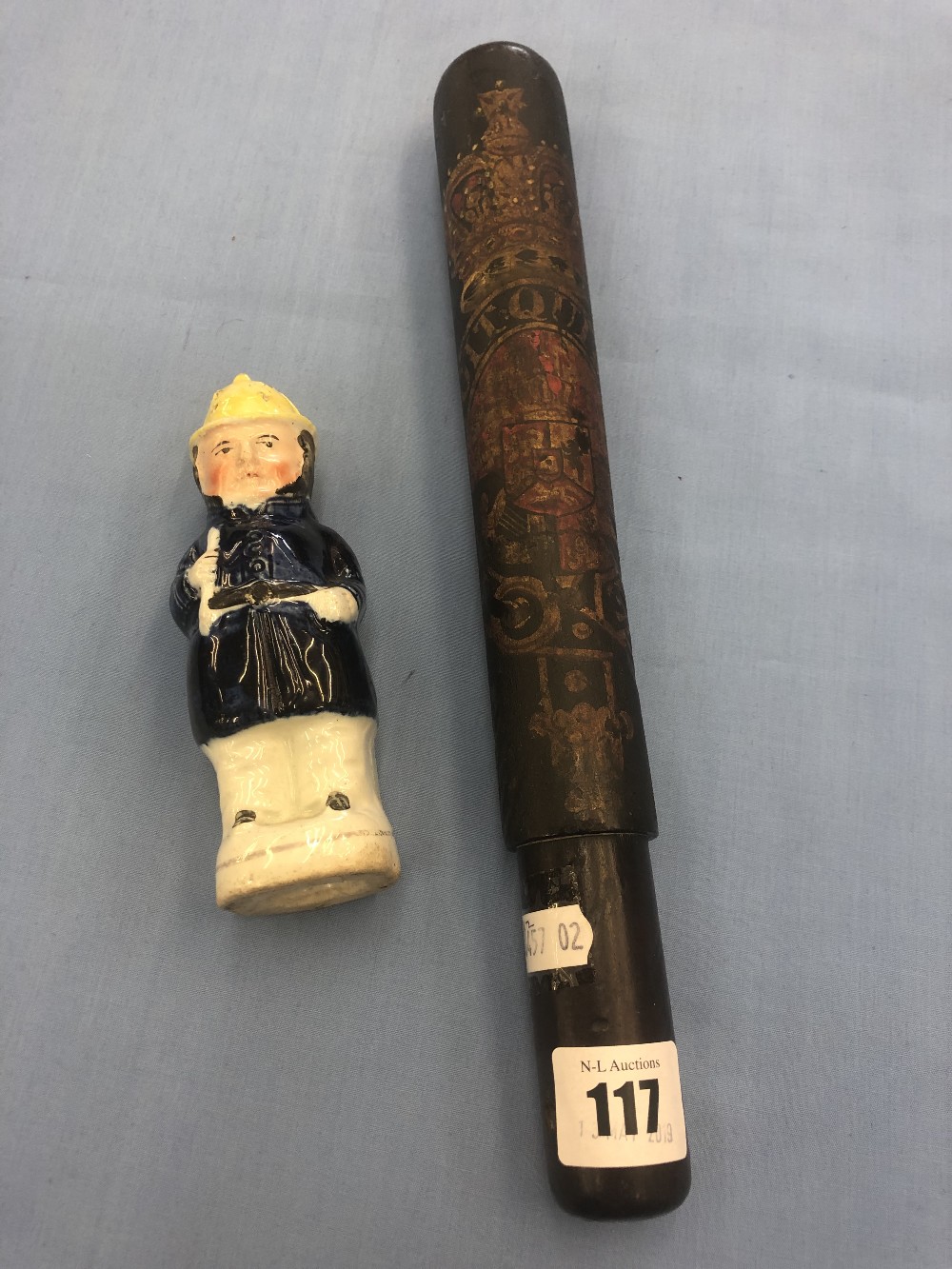 A 19th century truncheon with royal coat of arms plus a 19th century Staffordshire muffineer in the - Image 6 of 17