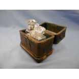 A 19th century leather bound casket brass and bevelled glass to lid containing two scent/smelling