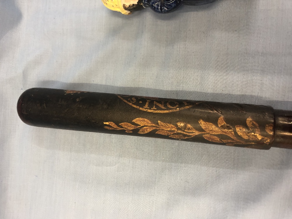 A 19th century truncheon with royal coat of arms plus a 19th century Staffordshire muffineer in the - Image 2 of 17