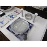 three pieces of silver plated/ glass serving dishes