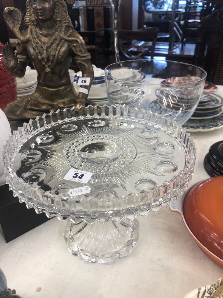 A cut glass tazza and large blue bowl