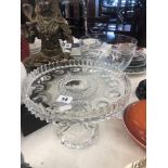 A cut glass tazza and large blue bowl