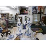 A pair of blue and white capodimonte figural table lamps in form of classical figures both damaged