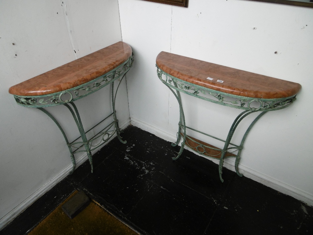 A pair of gilt marble top occasional tables