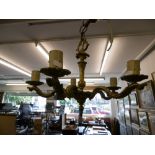 A bronze and brass chandelier and six wall sconces