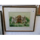 A signed watercolour of three dogs and a frog signed W Matthews