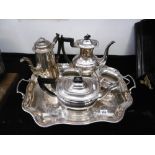 A four piece silver plated tea set on tray