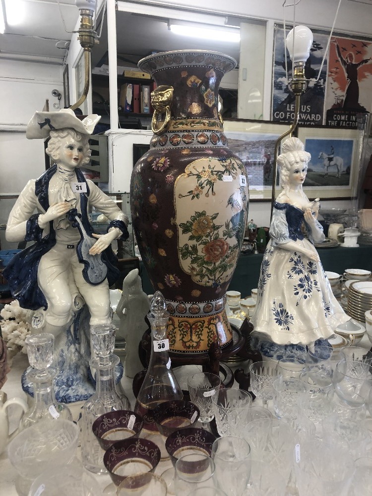 A pair of blue and white capodimonte figural table lamps in form of classical figures both damaged - Image 2 of 2