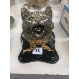 A bronze silvered cats hat inkwell