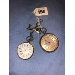 A Swiss ladies enamel face silver nurses watch A/F and a white metal pocket watch marked fine