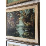 A gilt framed oil on board river scene