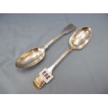 A pair of early Victorian fiddle and thread hallmarked silver table spoons maker John Samuel Hunt