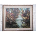 A gilt framed oil on board river scene