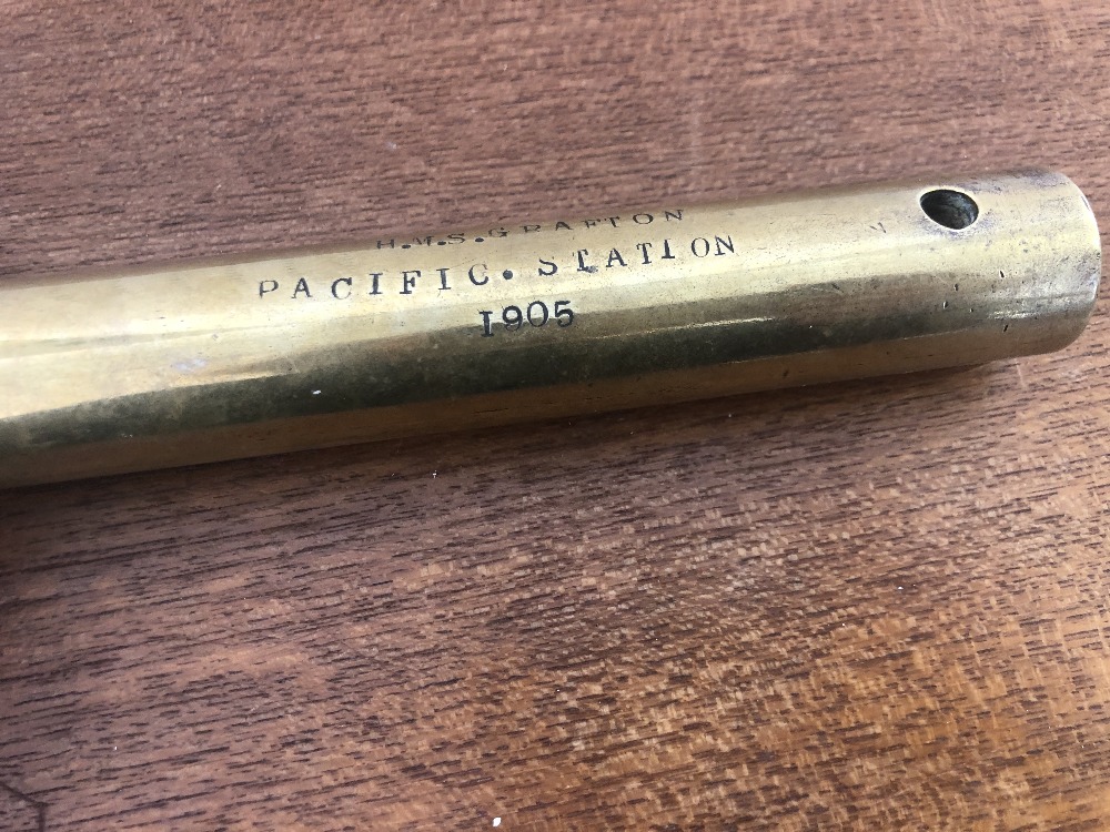 An Edwardian cylindrical brass short staff stamped " C.R Spice. Warder R.N HMS. - Image 4 of 5