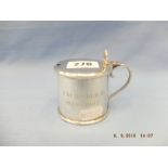 A large Georgian style hallmarked silver drum mustard pot with liner weight 141 grams (excluding