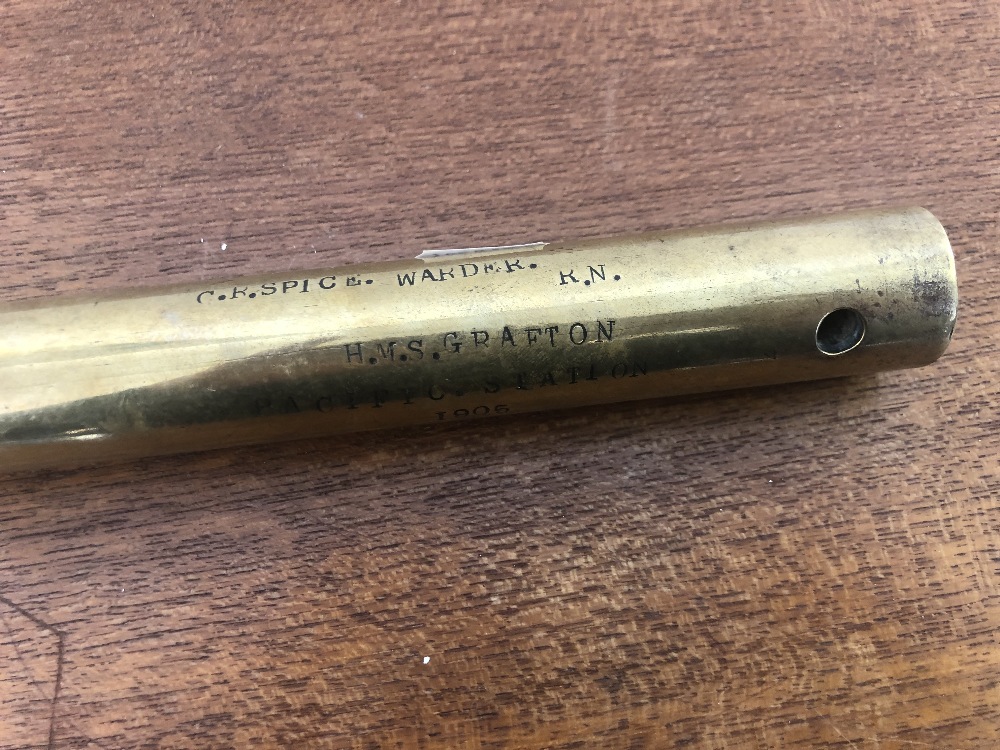 An Edwardian cylindrical brass short staff stamped " C.R Spice. Warder R.N HMS. - Image 3 of 5