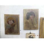 A pair of unframed portrait pictures on canvas of young ladies,