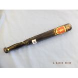A Victorian turned wood truncheon painted "VR" over crown over "Rural Police" on black ground with