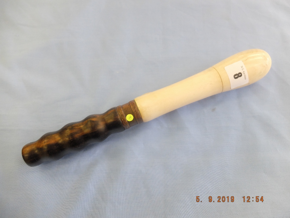 A 19th/20th century turned ivory truncheon with hardwood handle with metal ferrule, 12.