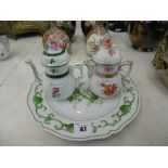 Two hand painted Herrend porcelain chocolate/small coffee pots plus A Havilland Limoges plate