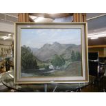 A framed oil on board mountain landscape signed