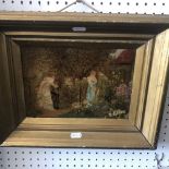 A framed early 20th century oil on board figures in a garden