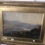 A large Victorian gilt framed pastoral landscape with lake and mountain range in background