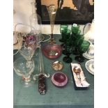 A set of 19th century green glasses plus eleven other items of glassware including Murano