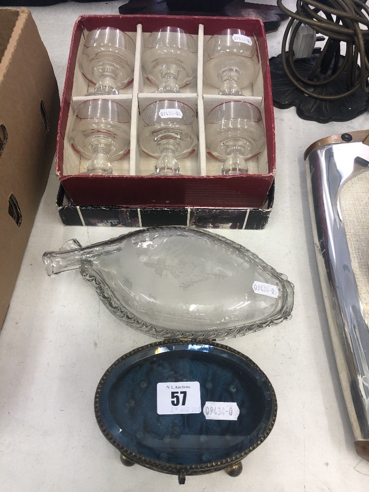 A 19th century double glass flask and set of Italian glasses and a jewell casket