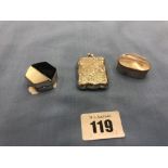 Two silver pill boxes and novelty US mail bag silver match holder