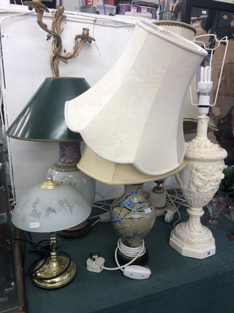 Five assorted table lamps including a cloisonne