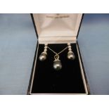 A pair Tahitian pearl and diamond drop earrings and matching necklace set in 18ct gold, 1.5ct.