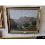 A framed oil on board mountain landscape signed