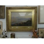 A large Victorian gilt framed pastoral landscape with lake and mountain range in background