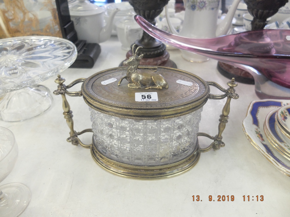 A cut glass and silver plate biscuit barrel