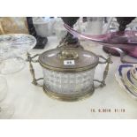 A cut glass and silver plate biscuit barrel