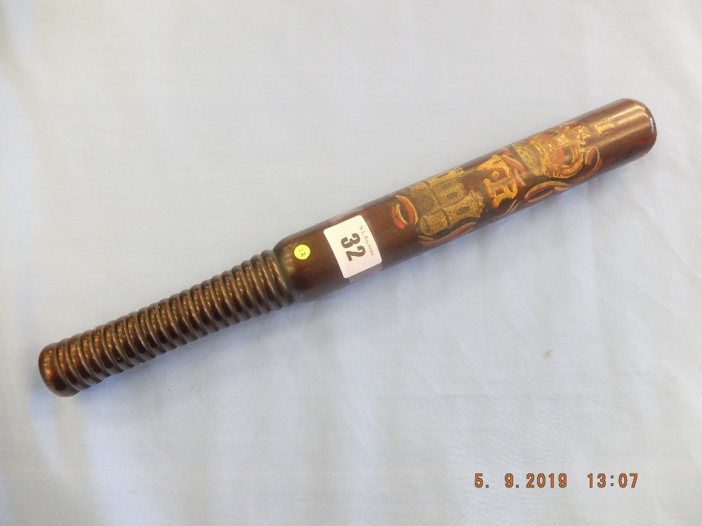 A Victorian turned rosewood truncheon painted with "I" over crown over "V,R" over castle, - Image 3 of 6