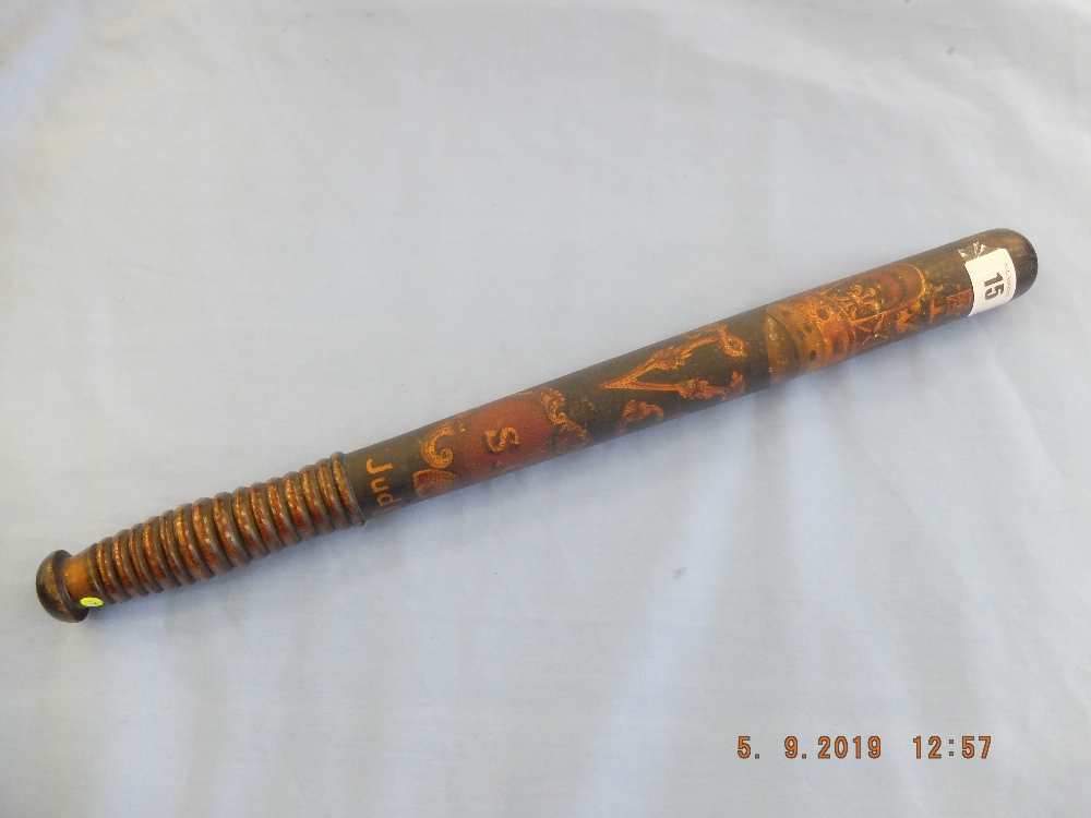 A Victorian turned wood truncheon painted with crown over "VR" cipher over "S.