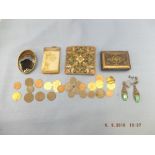 A box mixed items including two brooch,