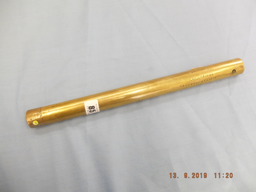 An Edwardian cylindrical brass short staff stamped " C.R Spice. Warder R.N HMS. - Image 6 of 6