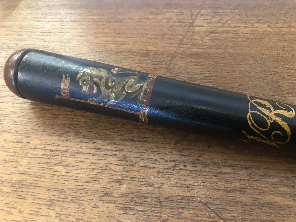 A Victorian turned wood truncheon painted with a rampant lion supporting word "Don" over "VR" on a - Image 6 of 7