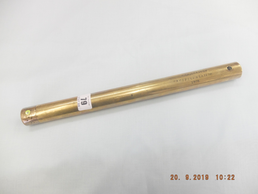 An Edwardian cylindrical brass short staff stamped " C.R Spice. Warder R.N HMS. - Image 6 of 6