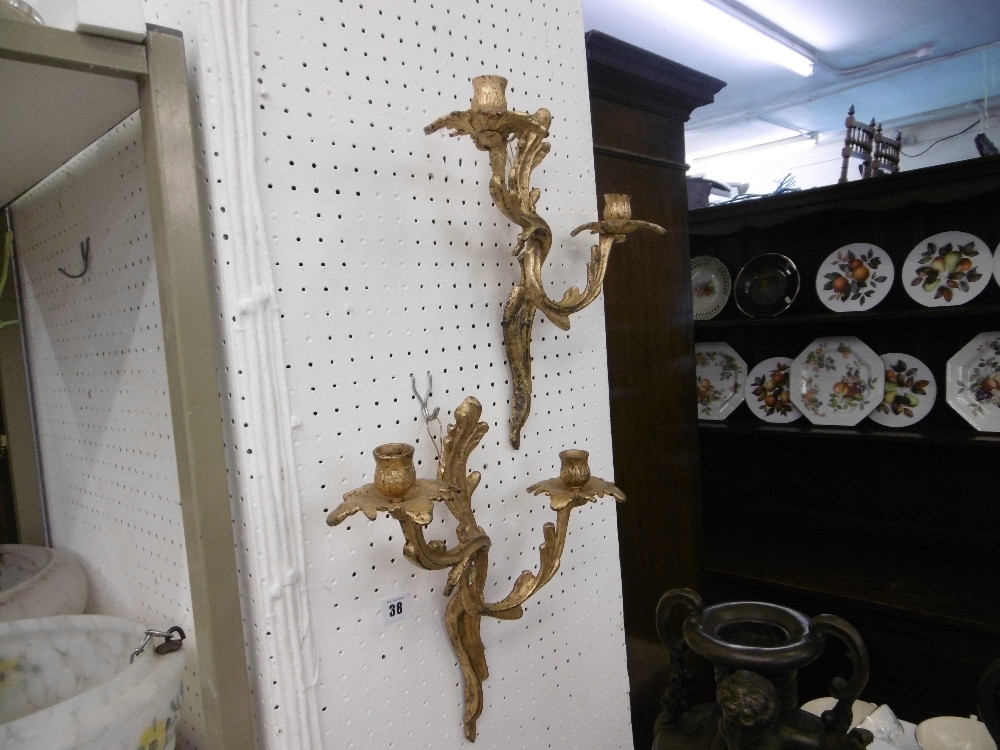 A pair of gilt two branch wall sconces - Image 2 of 7