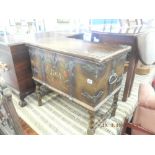 A painted pine chest on stand with iron mounts