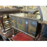 A painted pine chest on stand with iron mounts