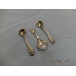 A pair of hm silver Georgian mustard spoons and a Danish silver caddy spoon