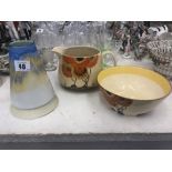 Two pieces of Clarice Cliff Rhodanthe ware (bowl a/f) and A Shelly drip ware vase