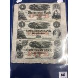 An extremely rare sheet of mid 19th Century Canadian Clifton Zimmerman bank notes,