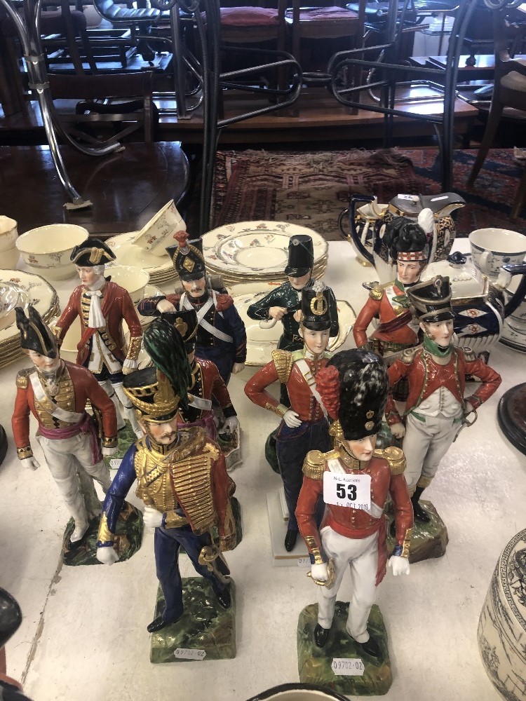 A collection of ten porcelain soldiers, capodimonte, Dresden,